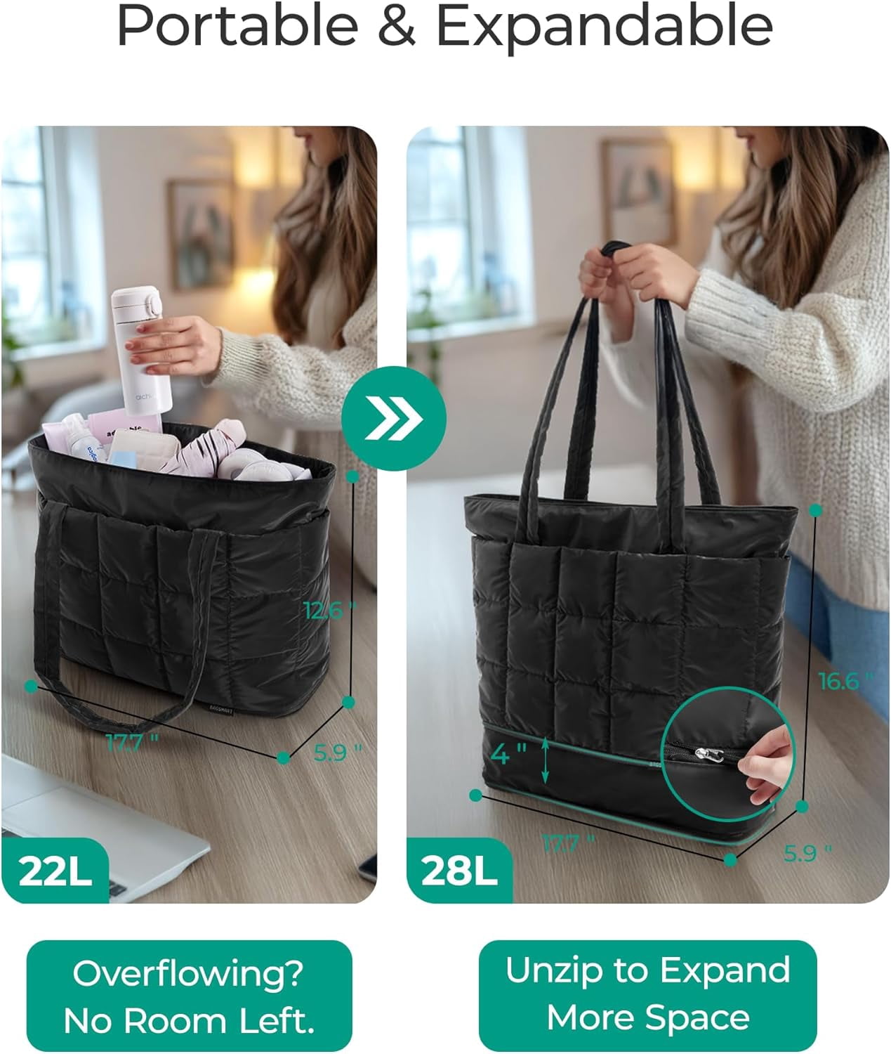 Lohol Expandable Tote Bag for Women, Puffer Work Tote Water-Resistant Quilted, Nurse and Carry-On Travel Gym Bag