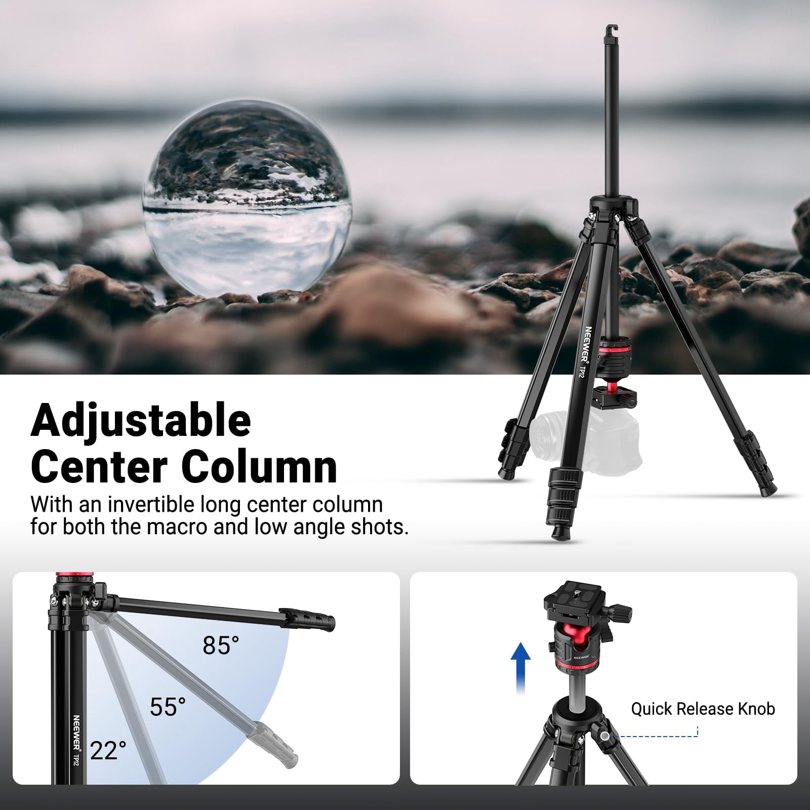 NEEWER TP12 66.5" Travel Tripod, Ball Head, Arca QR Plate, Phone Holder, 11 lb Load
