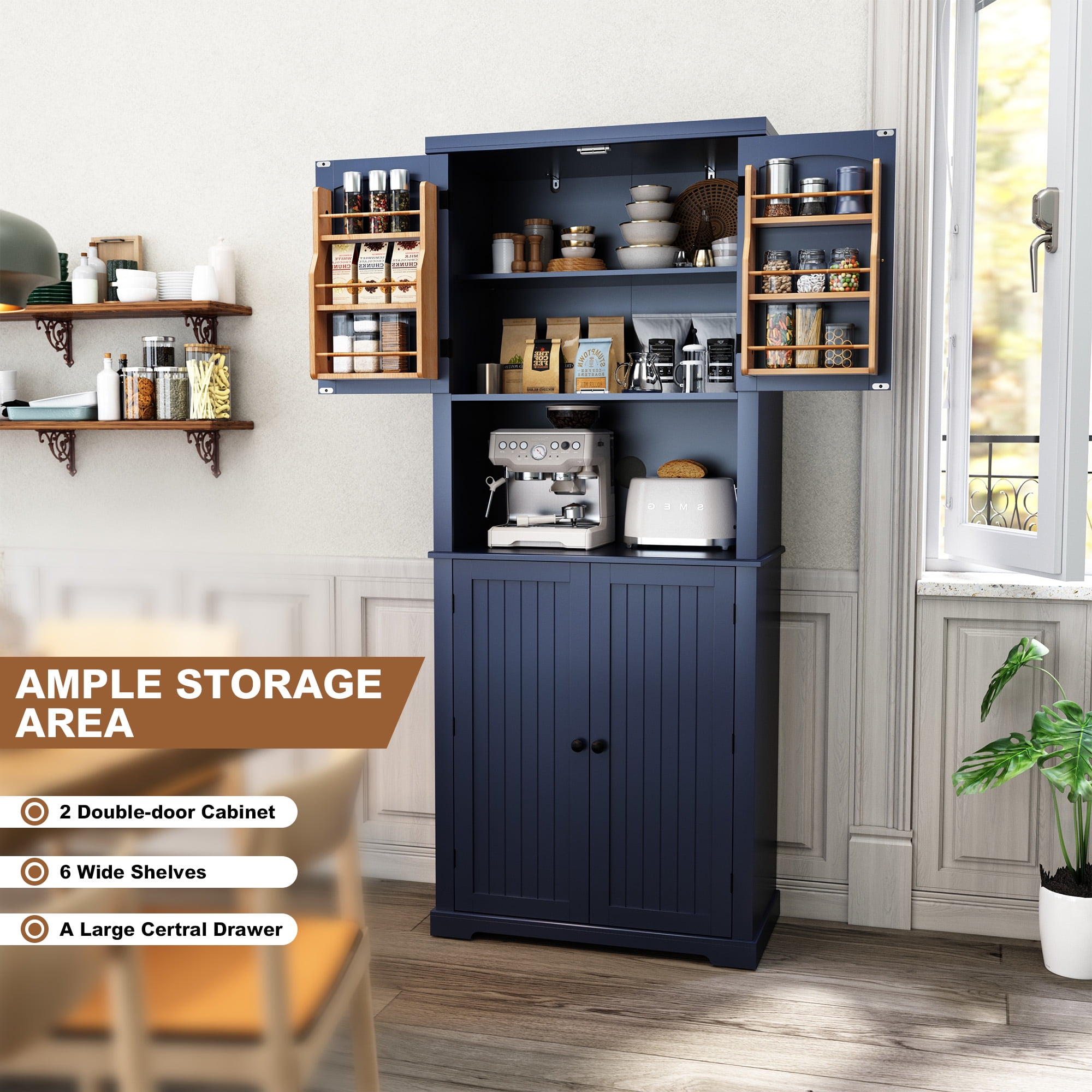 HLR 72" Kitchen Pantry Cabinet, Freestanding Pantry Storage Cabinet with Hutch & Shelves, Navy Blue