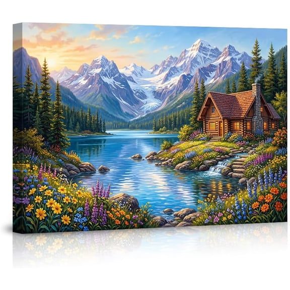 Mountain Lake Canvas Wall Art Pictures Snow Capped Peaks Log Cabin Forest Trees Peaceful Nature Landscape Art Print for Living Room Bedroom Home Decor Decorations