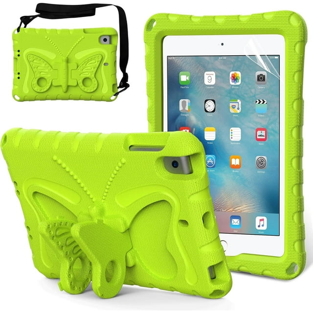 KOMI Kids Case for iPad Mini 1st/2nd/3rd/4th/5th Generation 7.9-inch - Screen Protector Included - Butterfly Kickstand - Child Friendly EVA Foam Shockproof Cover Case with Shoulder Strap Olive
