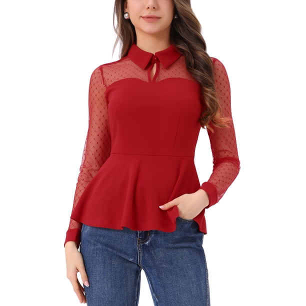 Blusa de malla transparente para mujer INSPIRE CHIC con cuello de solapa, abertura en forma de llave y peplum con volantes XL roja