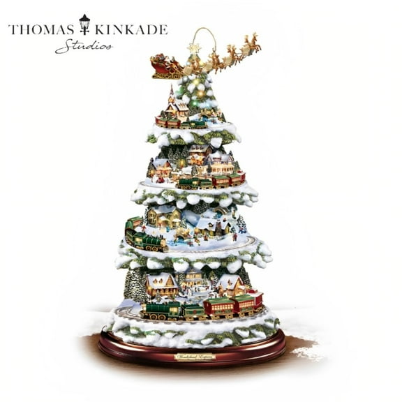 The Bradford Exchange Thomas Kinkade Wonderland Express Christmas Tree Decoration With Santa Sleigh Topper Lights Moving Train and Music With 8 Beloved Xmas Carols 16"-Inches