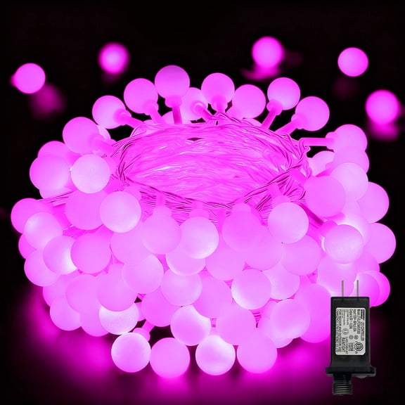 LAMPHOME 33FT 100LED Milky Globe String Lights, Pink, Clear Wire, 8 Modes, Plug-in with Male-Female Connector, 29V, Indoor Outdoor Decor