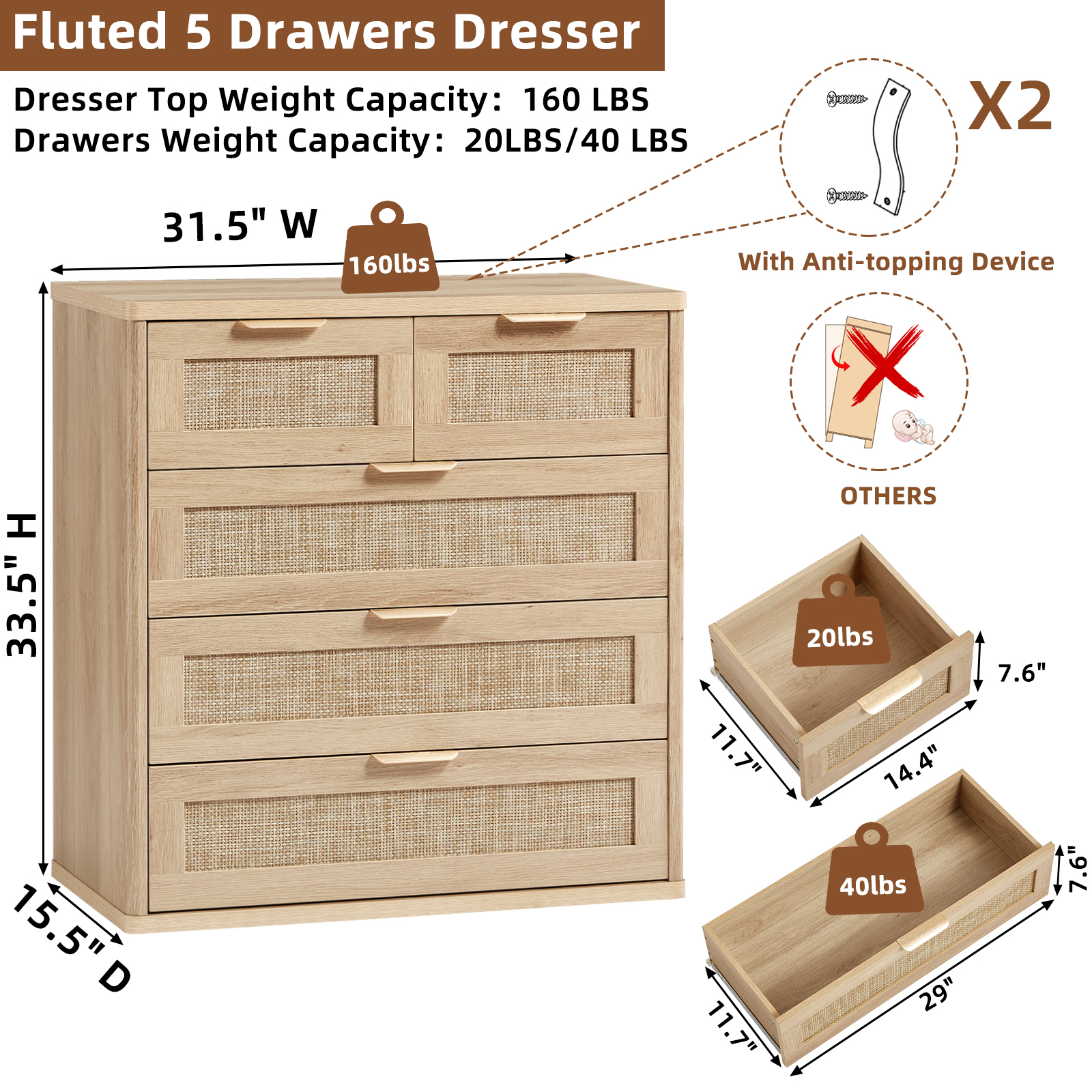 Upright Dresser for Bedroom Set of 2, Chest of Drawers, Modern 5 Drawers Boho Rattan Dressers with Storage, Dresser Natural Wood Closet Organizer for Living Room