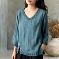 thumbnail image 2 of Wang6 Oversized 3/4 Sleeve Tops for Women Trendy Fall Loose Fit V Neck T Shirts Causal Embroidered Side Slit Graphic Tees Blue 0713-3/4 sleeve tshirts XXXXL, 2 of 7