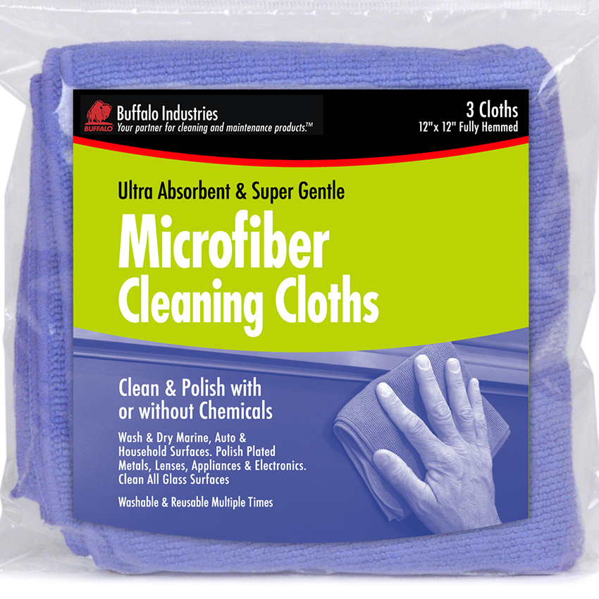 12" x 12" Buffalo Industries 64000 Microfiber Blue Cleaning Cloth, 3-Pack