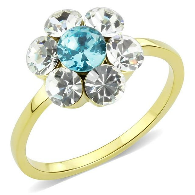 Women IP Gold Stainless Steel Ring with Synthetic in Sea Blue - Size 6