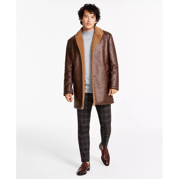 Ben Sherman Men's Shearling Classic Fit Overcoat Coat 38S Brown Camel