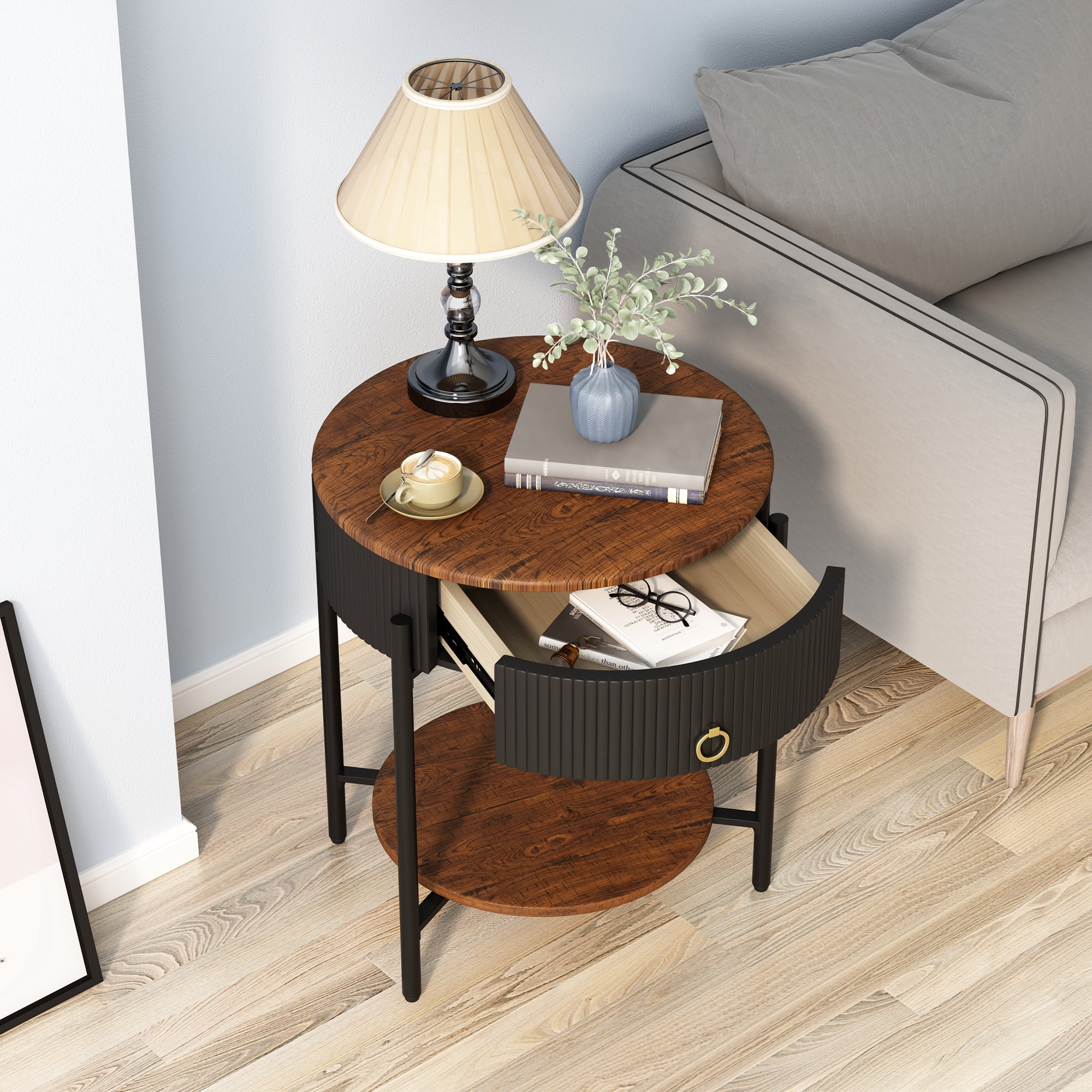 ASYA Black Metal End Table with Drawer, 2-Tier Wooden Nightstand, Round Side Table for Living Room Bedroom, 23.6'' H