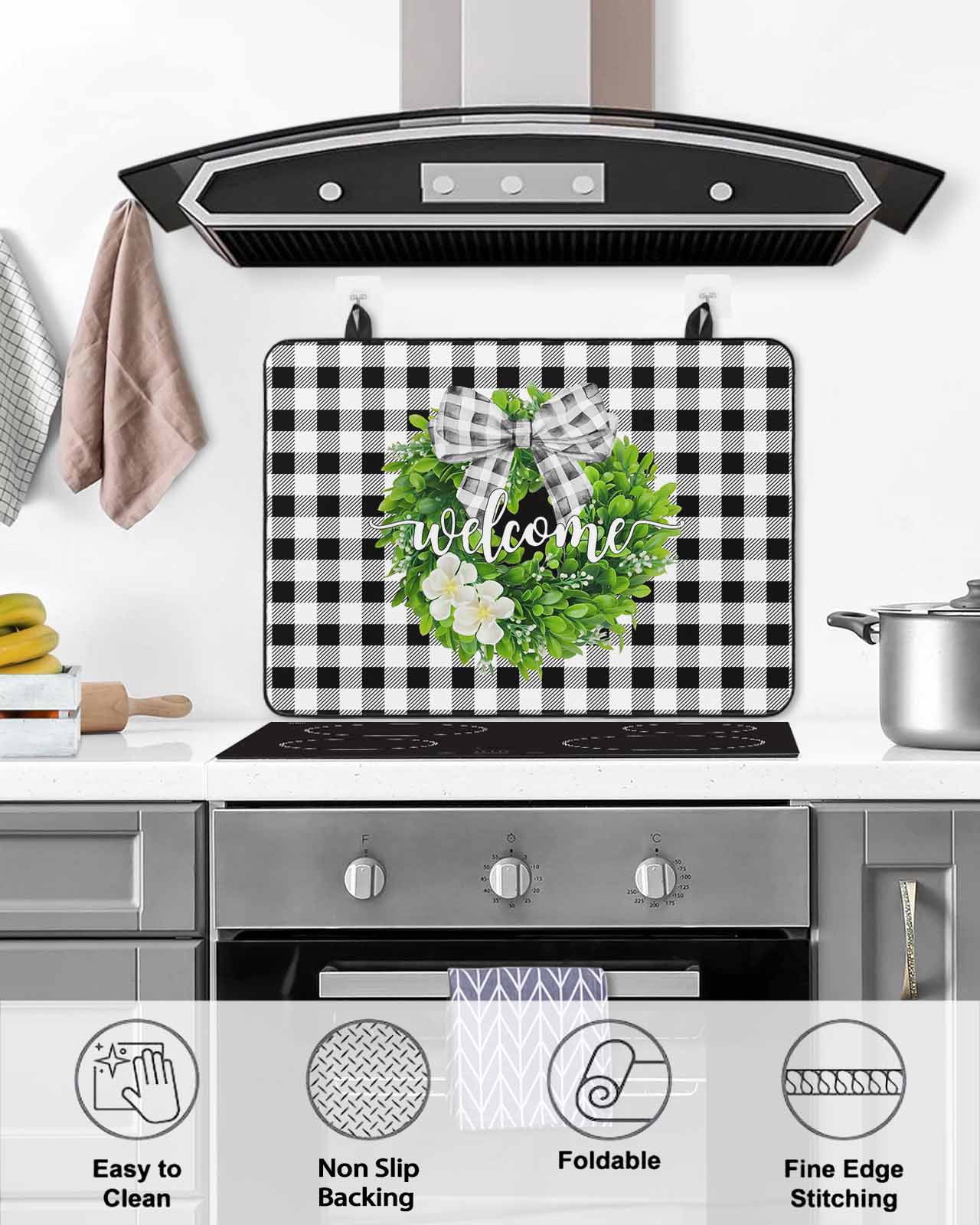 Large Induction Cooktop Protector Mat Welcome Bow Knot Wreath Stove Top Covers for Electric Stove, Summer Flowers Black Gray Plaid Decorative Stove Burner Cover Mats, Glass Top Stove Cover