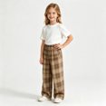 thumbnail image 4 of Girls Plaid Pants with Pockets Casual Baggy Elastic Waist Drawstring Fall Fashion Kids Wide Leg Pants Beige 5T, 4 of 5