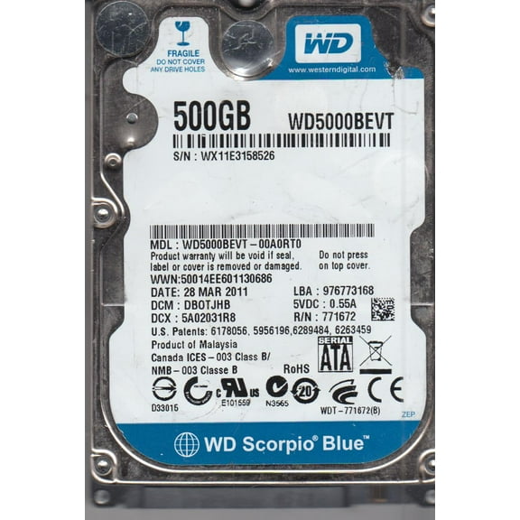 WD5000BEVT-00A0RT0, DCM DBOTJHB, Western Digital 500GB SATA 2.5 Hard Drive