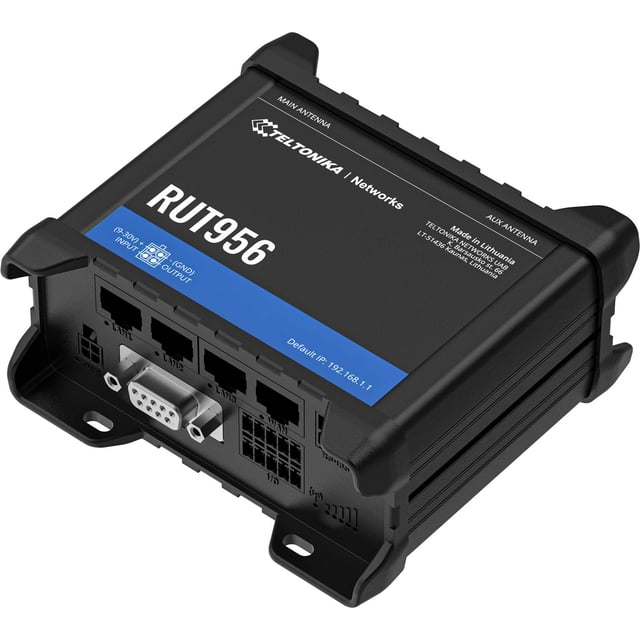 Teltonika RUT956A00A00 Modelo RUT956 Enrutador Celular Industrial; para uso exclusivo con operadores de América del Norte; Conectividad 4G LTE (Cat 4), 3G y 2G; Dual SIM; Múltiples interfaces; GNSS