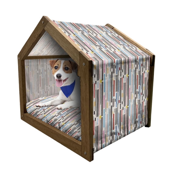 Abstract Pet House, Colorful Graphic Pattern of Various Stripes Vintage Creative Composition Grungy, Outdoor & Indoor Portable Dog Kennel with Pillow and Cover, 5 Sizes, Multicolor, by Ambesonne