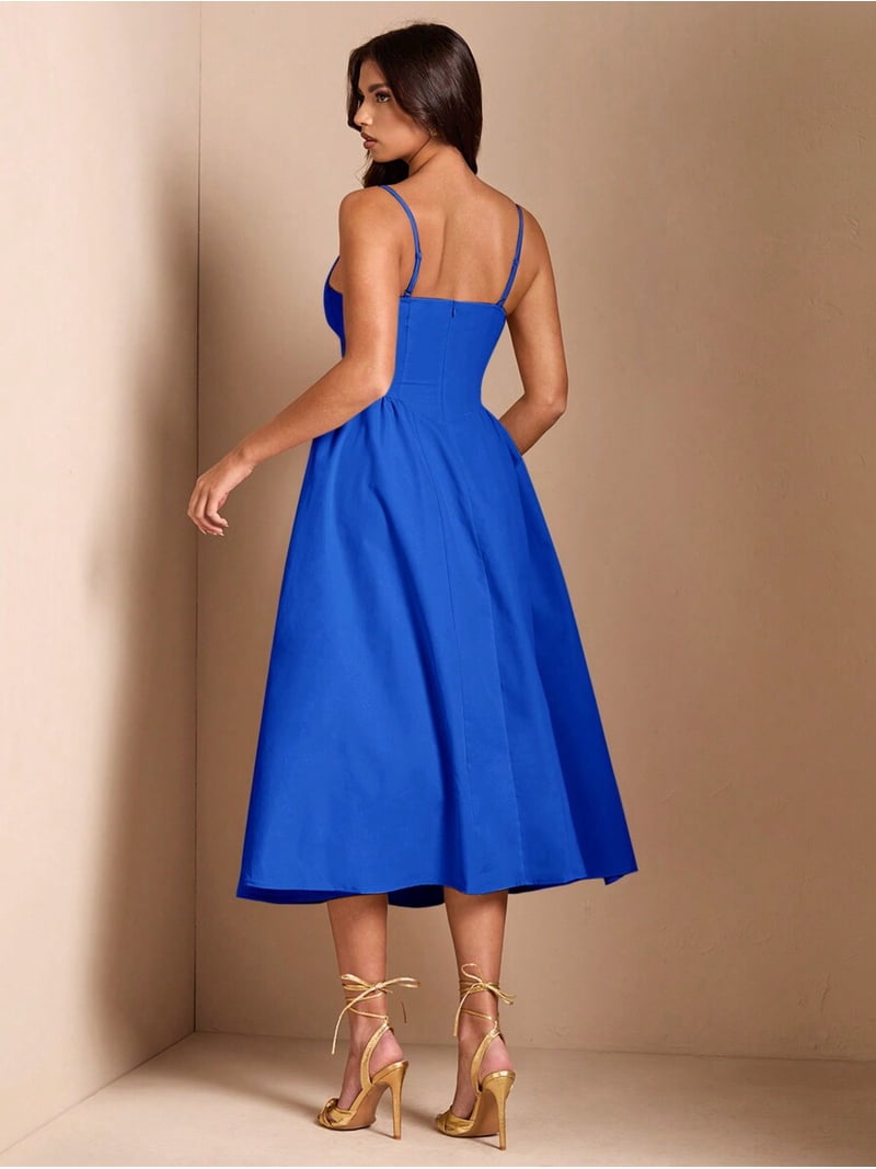 royal blue fit and flare dress Spaghetti Strap & Midi For Elegant Party, Night Out, Or Sophisticated Daywear Cocktail Dress Black