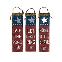 Patriotic Americana Signs Rustic Hanging Wood & Metal Wall Art Decor Vintage Designed Red White Blue Set of 3 / We The People / Let Freedom Ring / Home Of The Brave /  14" x 4"