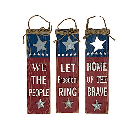 Patriotic Americana Signs Rustic Hanging Wood & Metal Wall Art Decor Vintage Designed Red White Blue Set of 3 / We The People / Let Freedom Ring / Home Of The Brave /  14" x 4"