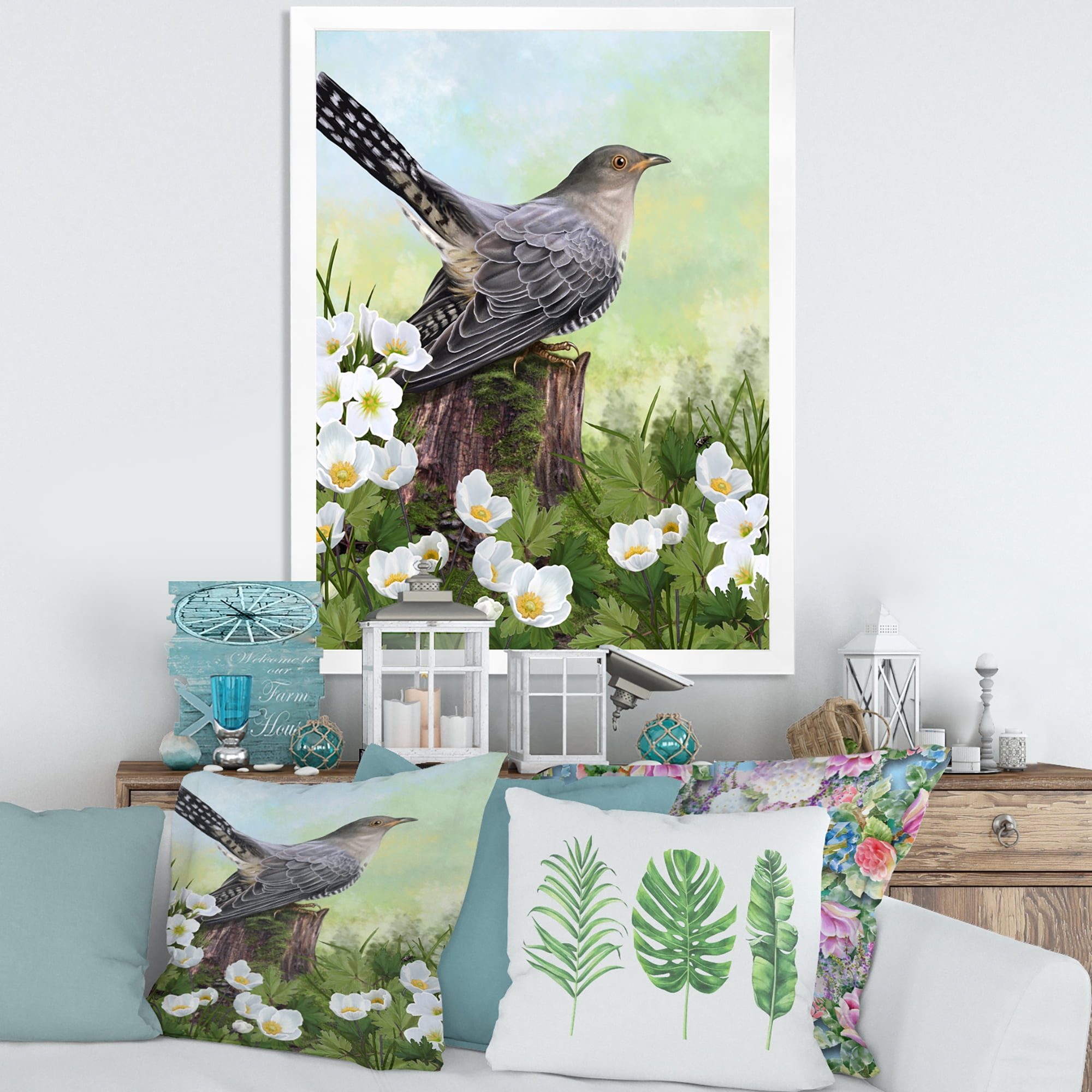 Designart 'Cuckoo Bird On An Old Stump and White Flowers' Traditional Framed Art Print