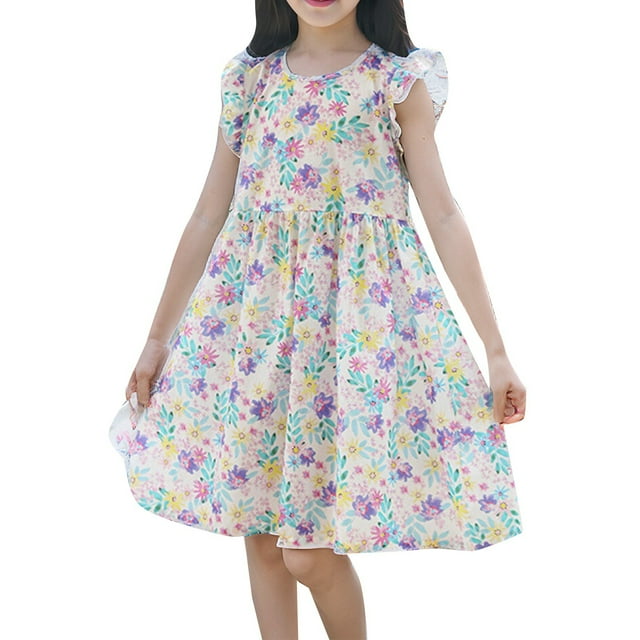 Robes d'Été pour Petite Fille Robe Chic Trapèze à Volants Robes Évasées pour Fille Robe Sans Manches à Fleurs Robe de Princesse pour Filles
