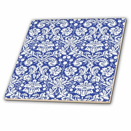 Geometric Vintage Tie - 3dRose Royal blue and white damask pattern - stylish elegant Victorian vintage French floral swirls - navy - Ceramic Tile, 4-inch
