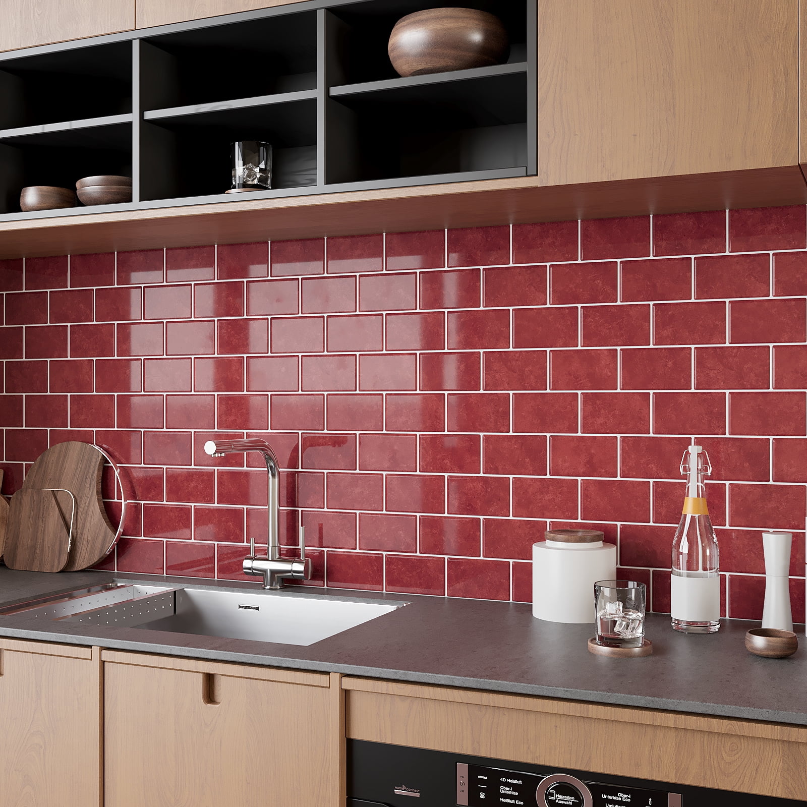 VEELIKE Red Peel and Stick Backsplash Waterproof Subway Kitchen Backsplash Red Peel and Stick 12''x12'' Tile 6 Sheets Removable Renter Friendly Backsplash Stick on Tiles for Kitchen Wall Bathroom