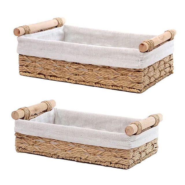 LCXmlly Woven Storage Basket 2Pcs/Set Desktop Storage Basket Modern Rustic Handmade Wooden Multifunctional Countertop Makeup Sundries Snack Organizer