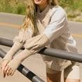thumbnail image 6 of Ladies' Loose and Comfortable Contrasting Color Design with Lantern Sleeves Semi High Neck Long Sleeve Hoodie for Fashion,Khaki,L, 6 of 6