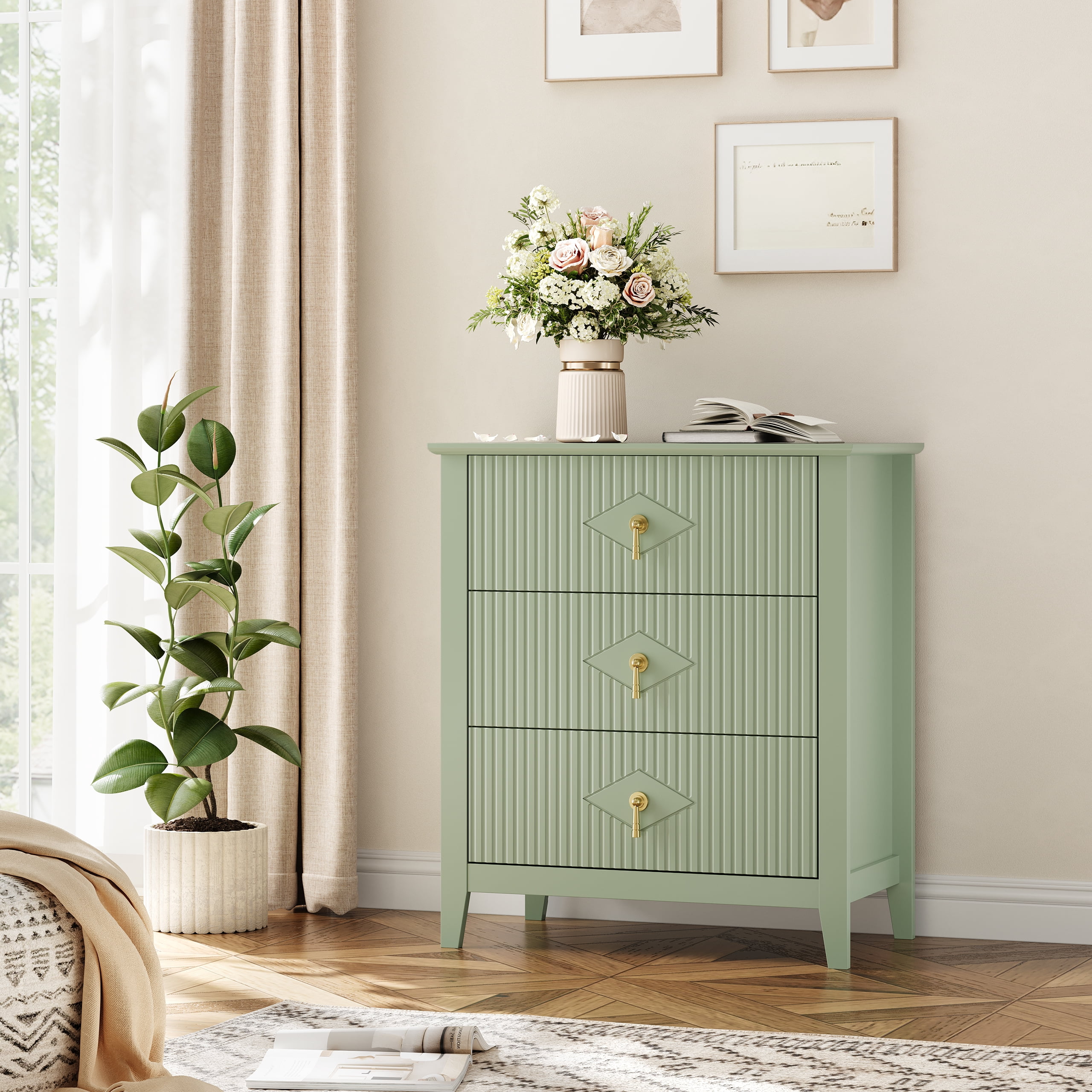 Green Fluted Dresser for Bedroom, 32 Inch Wide Nightstand with Large Drawer, 3 Drawer End Table for Bedroom, Living Rooms, Offices, and Entryways