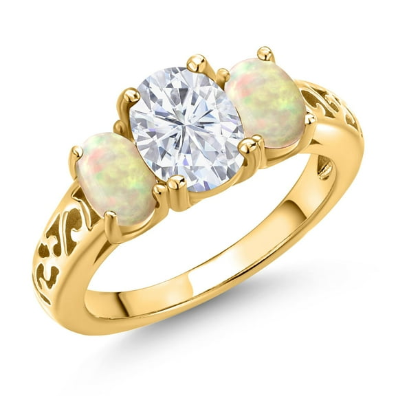 Gem Stone King 18K Yellow Gold Plated Silver White Moissanite and White Ethiopian Opal Filigree Style 3 Stone Ring for Women (2.14 Cttw, Oval 8X6MM and 6X4MM) (Size 6)