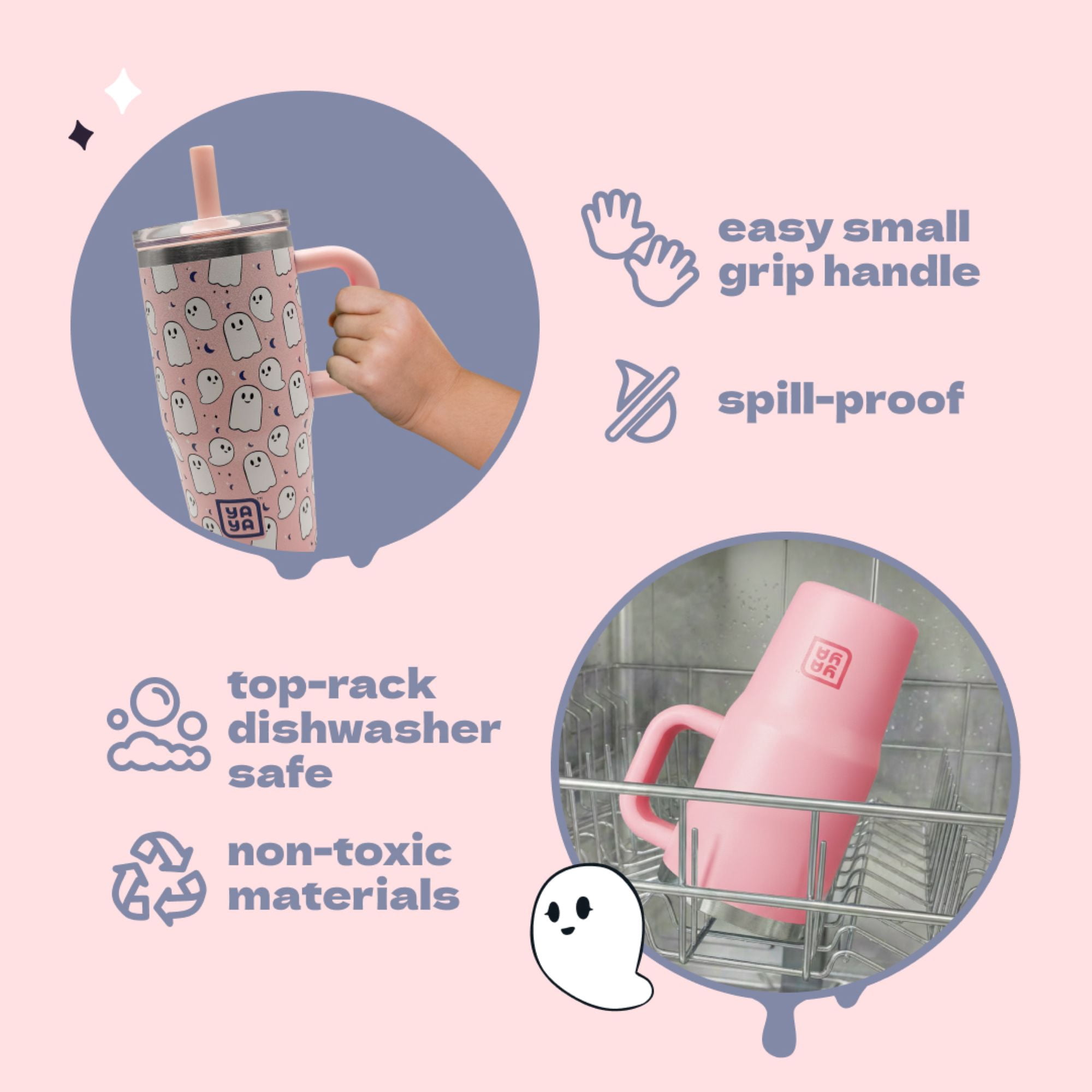YAYA My First Travel Tumbler for Preschool & Kids 3+, Insulated Stainless Steel Tumbler with Reusable Silicone Straw & Spill-Proof Lid, Cup Holder Compatible, BPA-Free, 12oz, Ghosts