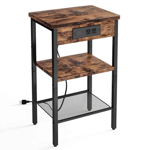 Side Table, Night Stand with Charging Station, 3-Tier End Table with Storage Shelf, Side Table for Living Room, Bedroom, Rustic Brown and Black
