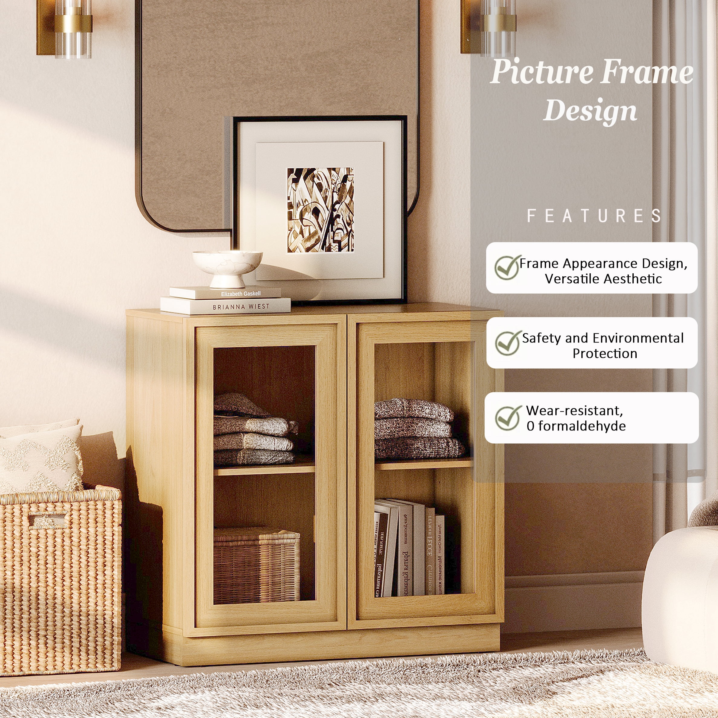 31.5" Modern Sideboard Buffet Cabinet with 2 Glass Doors, Multifunctional Sideboard with Large Storage and Adjustable Shelf, Oak