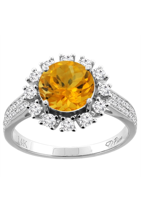14K White Gold Natural Citrine Ring Round 8 mm Diamond Accents, size 9