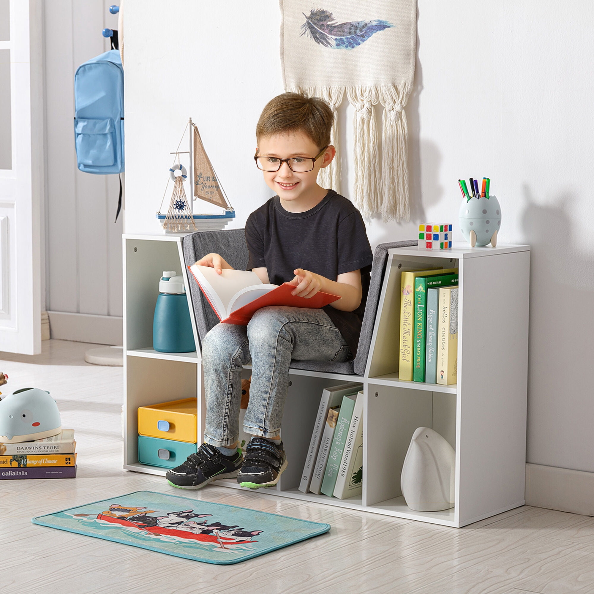 Kids Furniture HOMCOM 6-Cubby Kids Bookcase with Reading Nook and Cushion, Multi-Purpose Storage Organizer for Bedroom, Living Room, Pure White,Baby Furniture