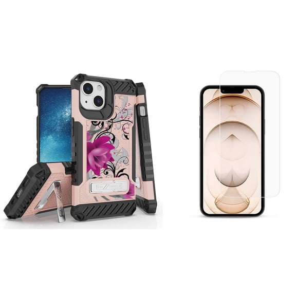 Bemz iPhone 13 Mini Bundle: Tri Shield Military Grade Armor Rugged Case (Magenta Lotus), Premium Glass Screen Protectors (2-Pack)