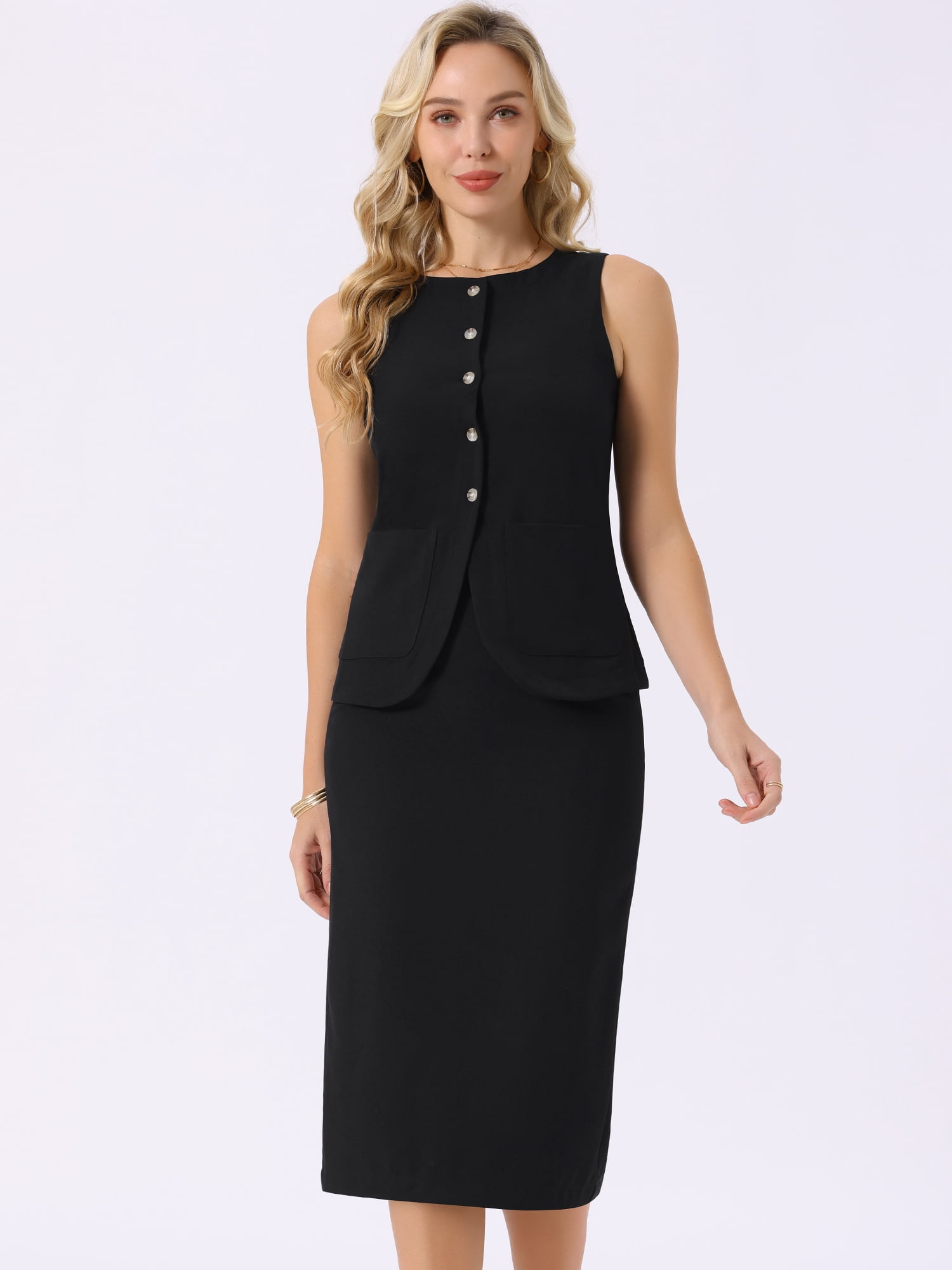 DARING DIVA 2Pcs Women's Work Button Down Vest Blazer Suit Skirt Set XL Black