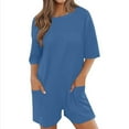 thumbnail image 1 of YFELWZ Womens Plus Size Jumpsuits V Neck Casual Short Sleeve Romper Tee Rompers Athletic Workout Reversible Overalls With Pockets Blue S, 1 of 5