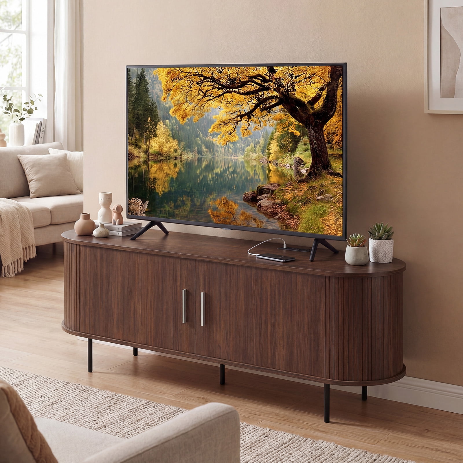 Costway Fluted TV Stand for TVs up to 60”, Mid Century Curved Entertainment Center Walnut