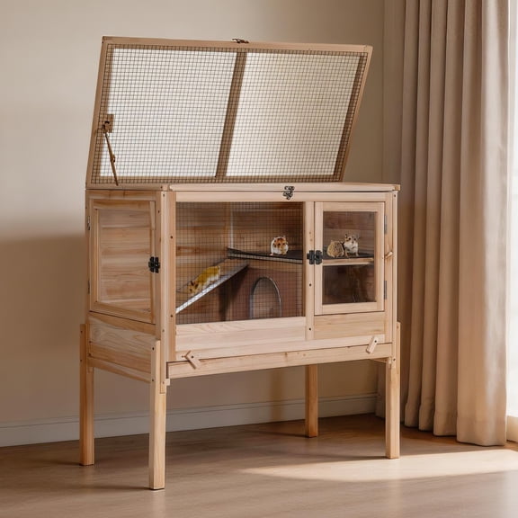 Aivituvin Guinea Pig Cage Indoor Rabbit Hutch with Chew-Proof Edges - Natural Wood