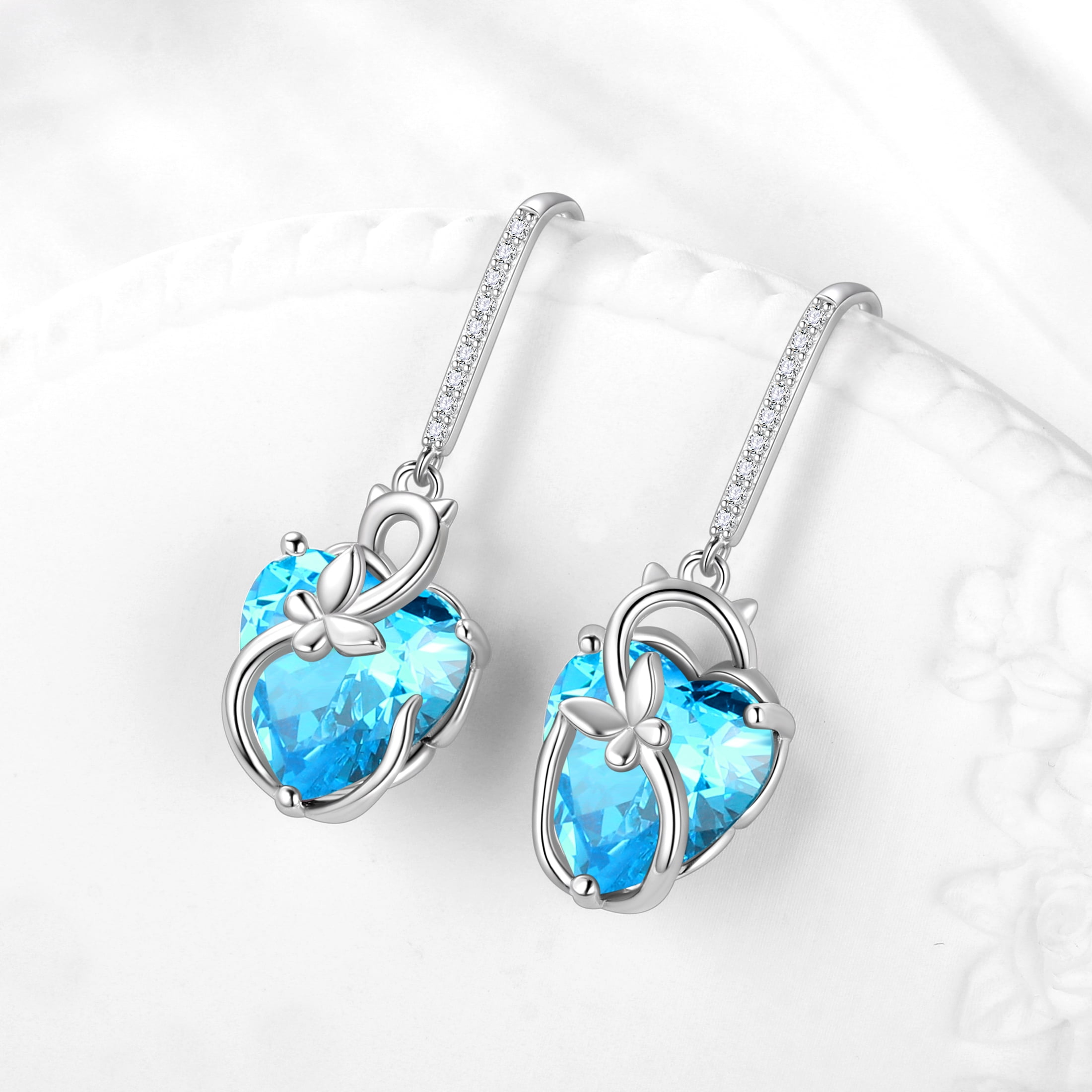 Juwaliy Cat Butterfly Earrings for Women 925 Sterling Silver Earrings Dangle Hook Blue Heart Aquamarine March Birthstone Jewelry Mother Christmas Birthday Valentine's Day Gifts for Mom Wife