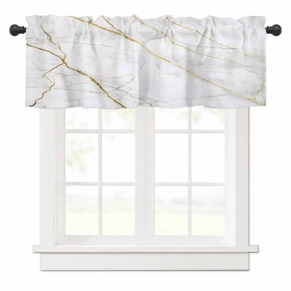 Grey Gold Marble Valances for Windows Gold Lines Rod Pocket Curtain Valance Window Treatment Short Curtains for Kitchen Living Room, 54"x18"
