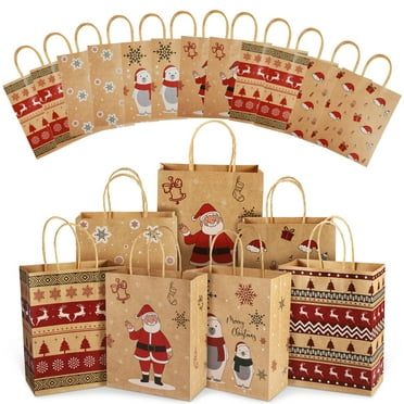 24 PCS Reusable Christmas Treat Bags, Paper Gift Bags with Handles & Christmas Prints, Christmas Gift Bags Holiday Gift Bags Xmas Gift Bags Party Favors