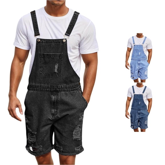 Trendfront Mens Solid Color Denim Short Overalls Relaxed Fit Adjustable Straps Multi Pocket Casual Summer Romper Shorts