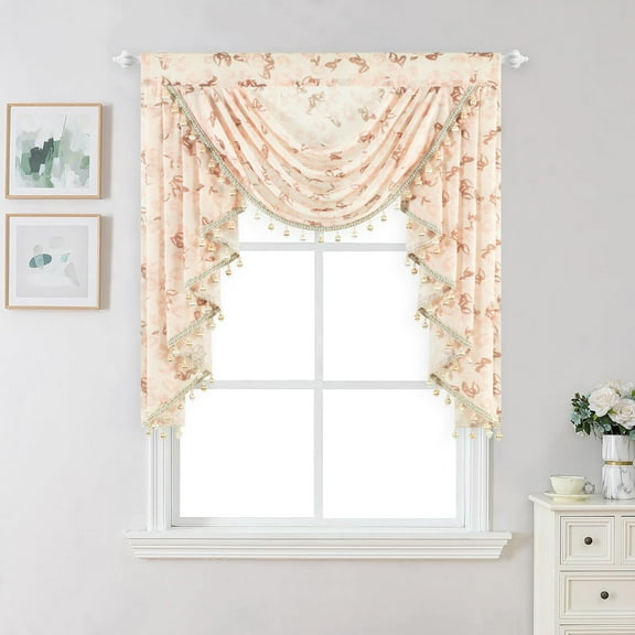 VOGOL Waterfall Valance 39x43 Inch - Sheer Voile, Vintage Pink Roses Print, Beaded Tassels, Farmhouse Style for Bedroom, Living Room, Nursery