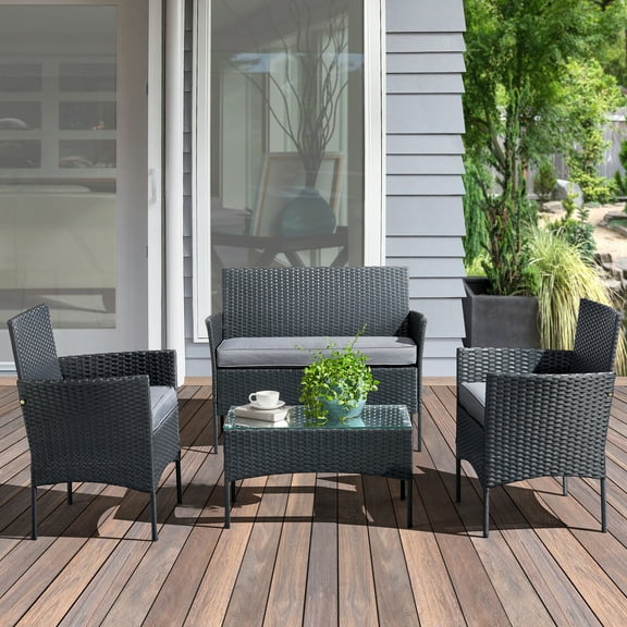 Lavish Home 4-Piece Rattan Outdoor Patio Furniture Set Combo Sofa, 2 Cushioned Chairs, and Table, Gray