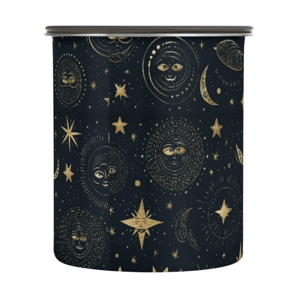 Gold Sun Moon Stars Airtight Coffee Bean Canister 30oz Food Storage Containers with Lids For Gournd, Tea, Sugar, Flour, Rice, Cereal, Candy Cookie Jar