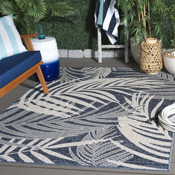 SAFAVIEH Beach House Kaeden Botanical Indoor/Outdoor Area Rug, Blue/Ivory, 9' x 12'