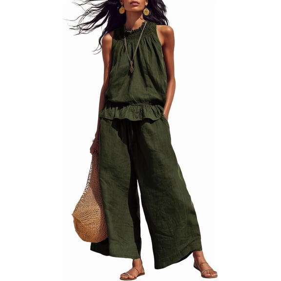 Women's Linen 2 Piece Outfits Sleeveless Ruffle Top Wide Leg Pants Summer Loungewear Beach Travel Sets