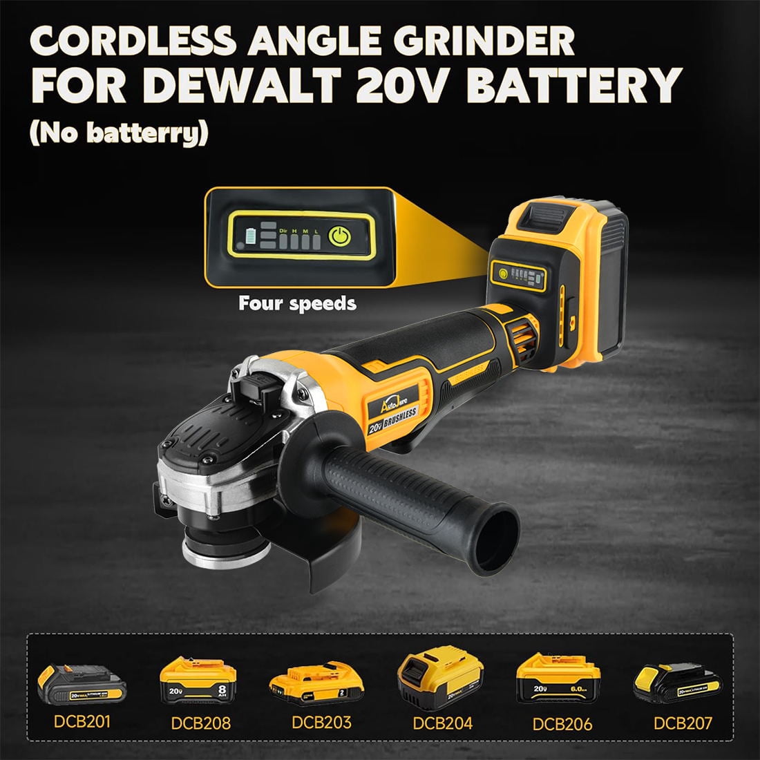 20V Brushless Cordless Angle Grinder, 4-1/2" Grinder Fit for Dewalt 20V MAX Battery (Battery Not Included), with 4 Variable Speeds for Cutting, Grinding, Polishing